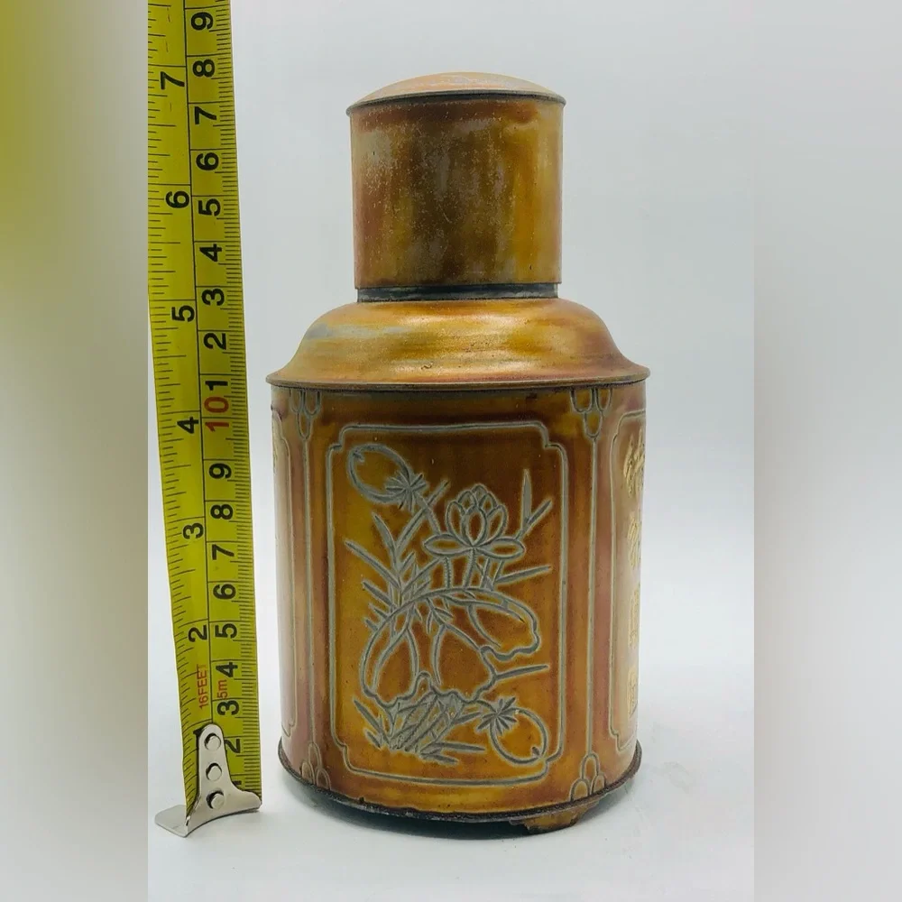 Antique Chinese Tea Caddy Canister Jar Etched Engraved Bronze Copper Hong Kong